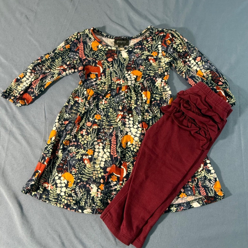 Picapino Girls Woodland Print Long Sleeve Dress & Garanimals Ruffle Leggings 12M